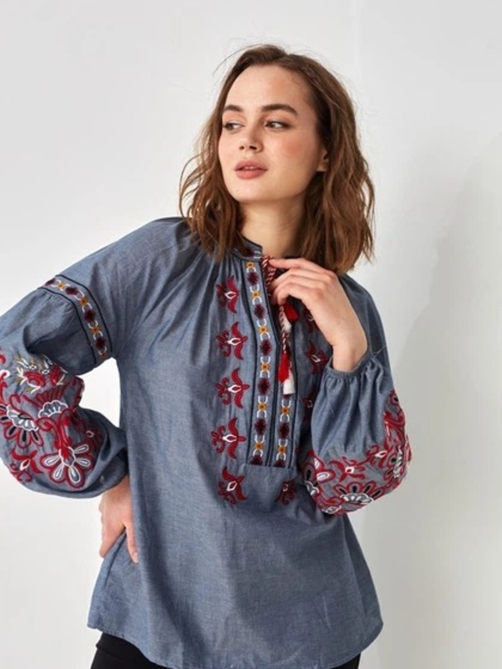 Desigual Blue Embroidered Boho Blouse with Red Accents
